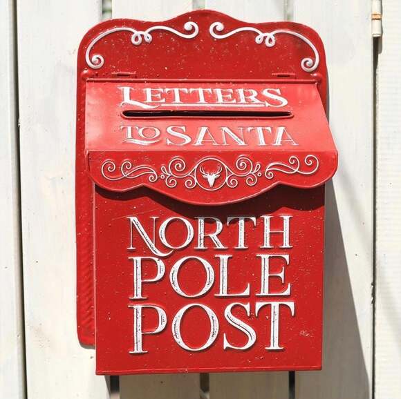 Big Fortune Other - Red Distressed Metal Letters to‎ Santa North Pole Post Wall Mount Mailbox